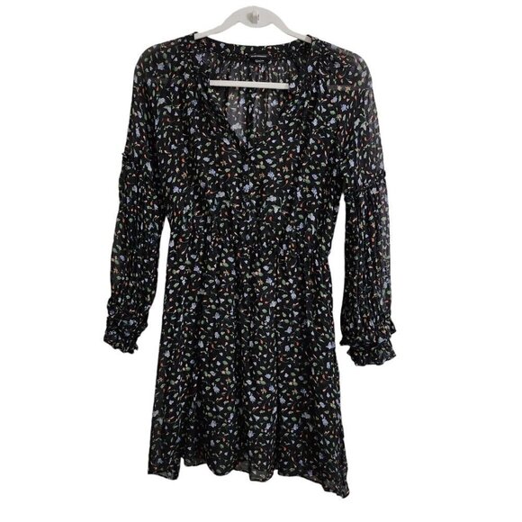 Club Monaco Taisie Mini‎ Dress 4 Black Floral Silk Sheer Button  Front Boho - Picture 1 of 15